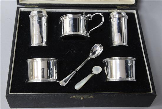 A cased George V silver five piece cruet set, by S. Blanckensee & Sons, Birmingham, 1932/33.